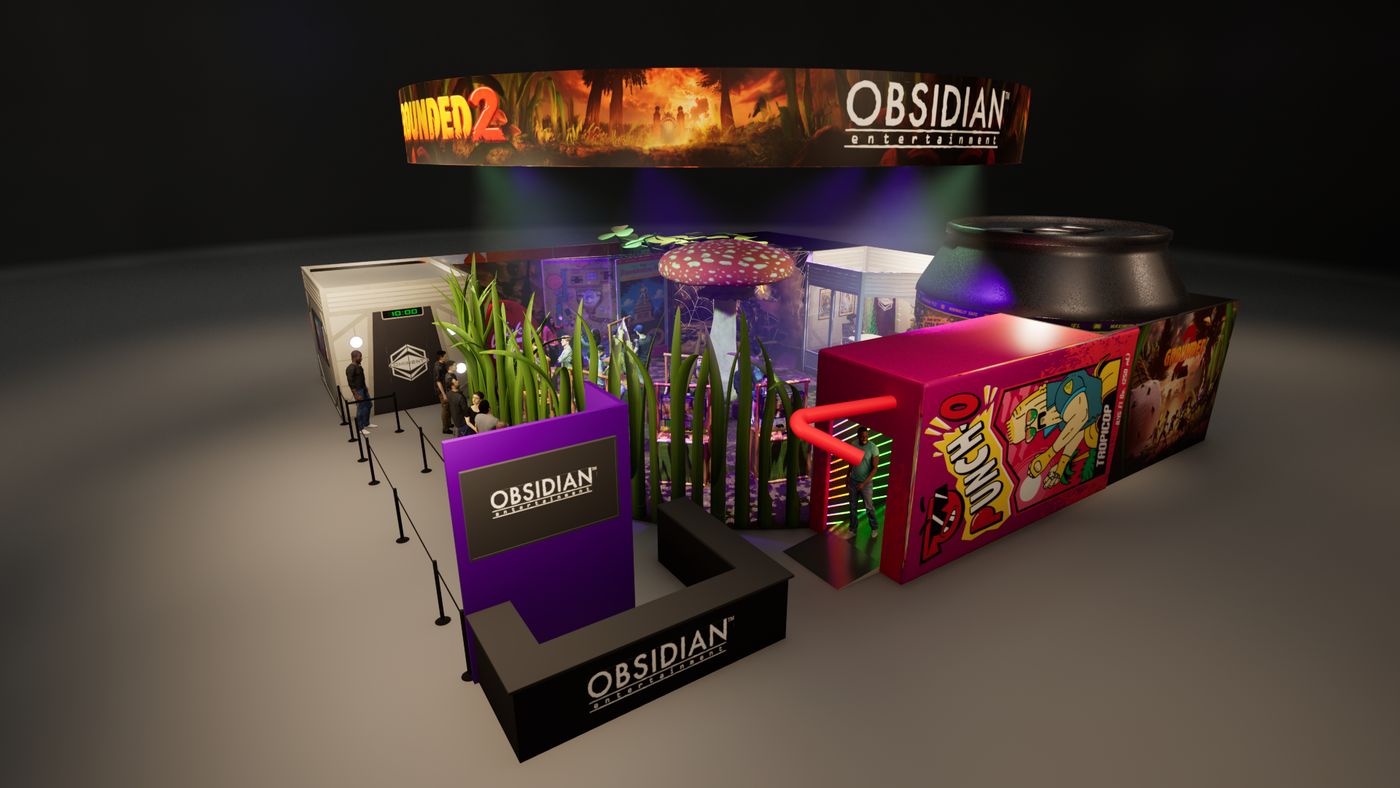 Aerial rendering of the complete booth showing the Obsidian counter, entry queue and the park interior