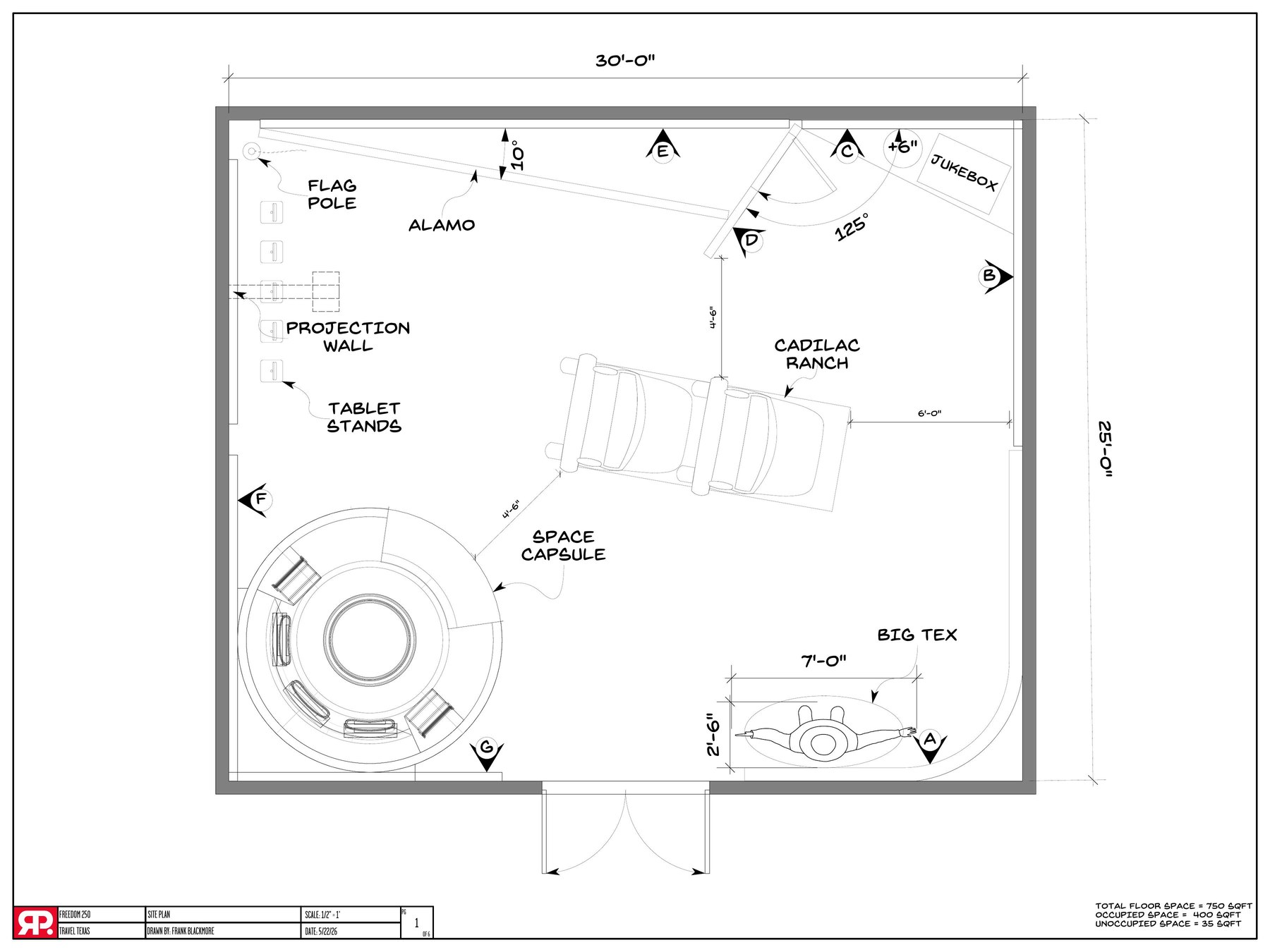 Texas State Pavilion site plan for the Freedom 250 brief, showing the Alamo facade, Space Capsule, Big Tex and Cadillac Ranch elements