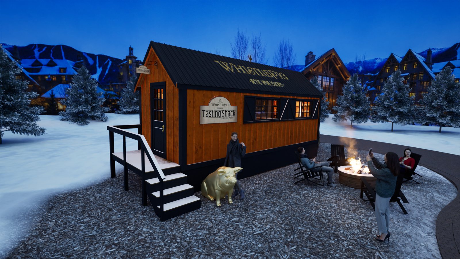 Dusk rendering of the WhistlePig Tasting Shack with fire pit and guests at a snowy resort